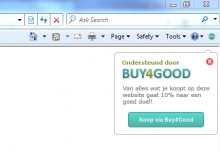 This plugin for Internet Explorer, Firefox and Chrome gives you discounted prices when you visit a website that participates in the Buy4Good program. Just open a site, and if it has any active discounts our popup will show up in the browser. With a click of a button you enjoy discounted prices when you buy online from the site.